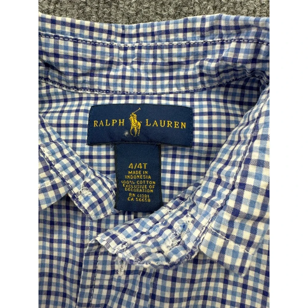 Ralph Lauren Boys Blue White Gingham Check Long Sleeve Button Down Shirt 4 4T